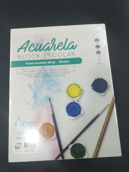 7707318357569 Block Escolar Alpen Papel para acuarela 50 Hojas 21.5 X 28CM 300gr Blanco Acuarela Escolar Cartel Arte & Papelería