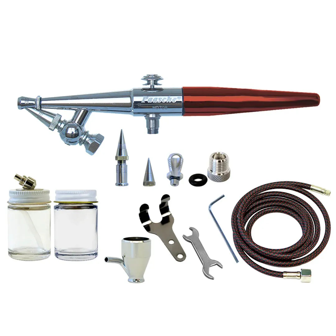 Aerógrafo Paasche HS-3MH de Acción Sencilla | Cuerpo Cromado Tamaño de la cabeza: #1 (0.45mm), #3 (0.6mm) & #5 (1.05mm) Patrón de rociado: 1/32" a 1-1/2" Presión de aire: 20-75 PSI Cartel Arte & Papelería