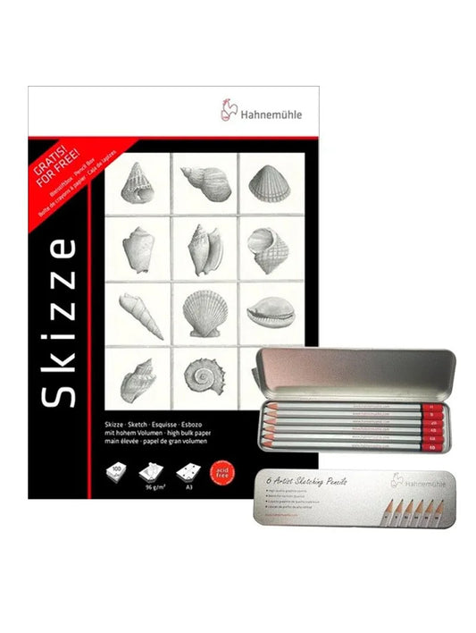 4011367005887 Block Dibujo Skizze Hahnemuhle A3 - Edición Especial 1 Bitácora & Caja de 6 Lápices (H-B-B2-B4-B6-B8) 96 gr / m2 Cartel Arte & Papelería