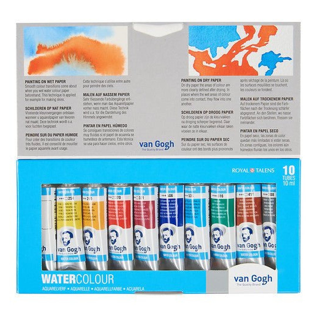 8712079231491 Estuche De Acuarela Van Gogh | 10 Tubos De 10 ml Set x10 10ml Blanco Chino,
Amarillo Limón Permanente,
Amarillo Medio Azo,
Rojo Claro Permanente,
Lago Carmesí Oscuro,
Ultramar Profundo,
Azul Cerúleo Ftalocianina,
Verde Esmeralda,
Siena Tostada,
Gris de Payne Cartel Arte & Papelería