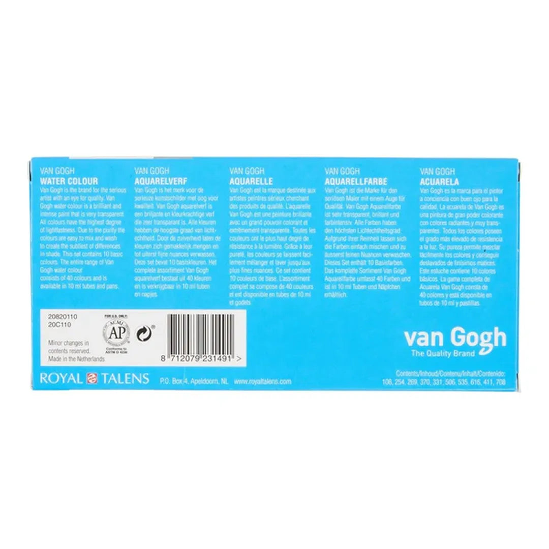 8712079231491 Estuche De Acuarela Van Gogh | 10 Tubos De 10 ml Set x10 10ml Blanco Chino,
Amarillo Limón Permanente,
Amarillo Medio Azo,
Rojo Claro Permanente,
Lago Carmesí Oscuro,
Ultramar Profundo,
Azul Cerúleo Ftalocianina,
Verde Esmeralda,
Siena Tostada,
Gris de Payne Cartel Arte & Papelería