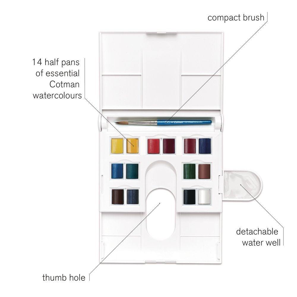 094376905328 Estuche Acuarela En Pasta Cotman X14 Rf 0390083 Winsor Newton Cotman Watercolour Field Set Set Contents 1 X Cotman Travel Brush 14 X Cotman Half Pans - Cartel Arte & Papelería