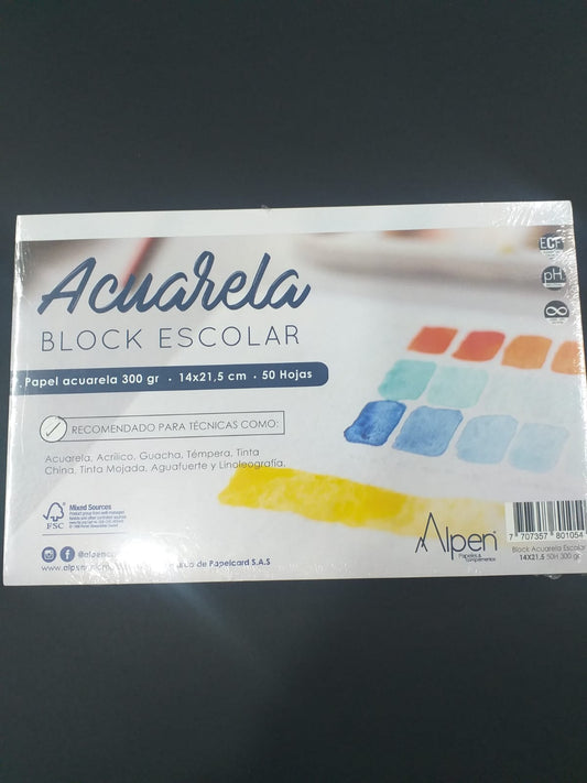 7707357801054 Block Arte Acuarela Alpen Papel para acuarela X 50 Hojas 14 X 21.5CM 300gr Blanco Acuarela Escolar Cartel Arte & Papelería