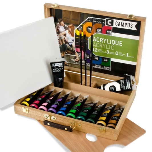 3046450098461 Caja De Madera Campus Para Acrilico 12 Acrilicos de 100ml 1 Lienzo 1 Paleta de madera - 3 pinceles Cartel Arte & Papelería