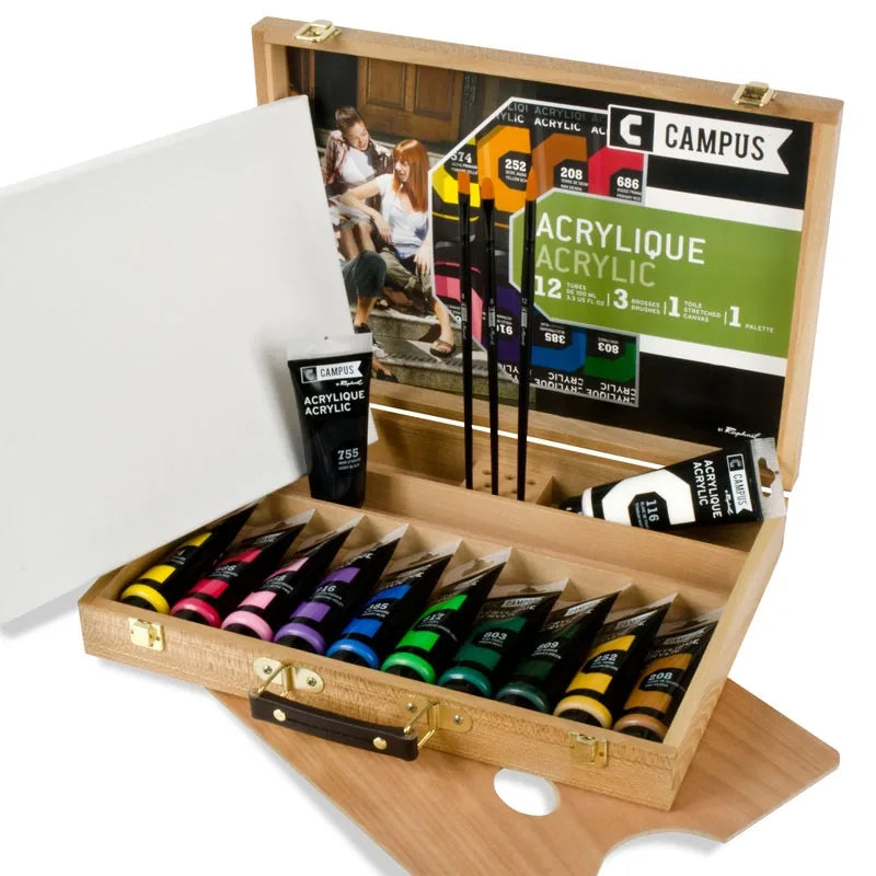 3046450098461 Caja De Madera Campus Para Acrilico 12 Acrilicos de 100ml 1 Lienzo 1 Paleta de madera - 3 pinceles Cartel Arte & Papelería