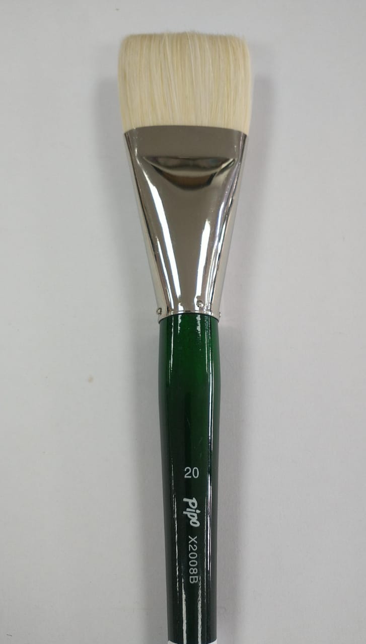 Pincel Plano 2008 B  Fibra Natural Pipo Mango Verde Pelo de Cerdo